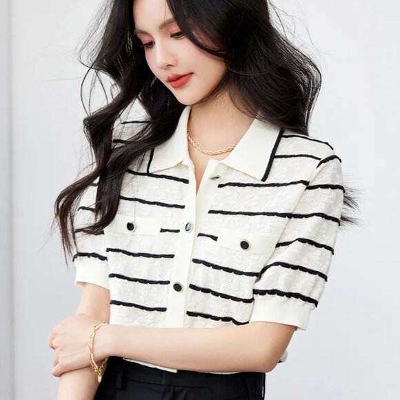 Elegant Polo Collar Women Slimming Knitted Half Sleeve Shirt - Picture 6 of 6